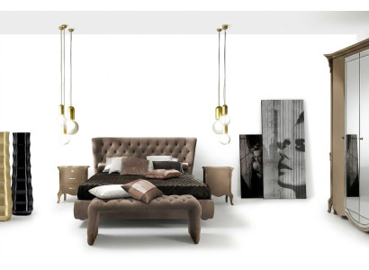 Ensemble de chambre à coucher de luxe 4 pièces. Lit + 2x Table de chevet + Tabouret Lits de design moderne en bois massif