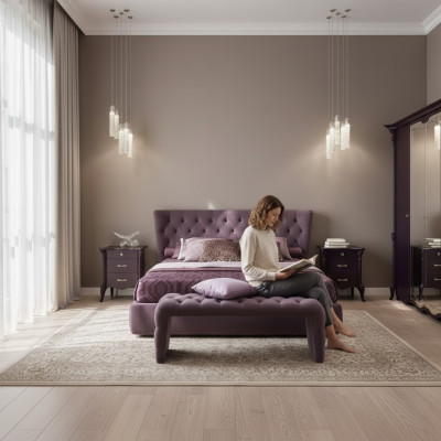 Chambre Ensemble Ensemble Lit 2x Tables de chevet Tabouret 3pcs. Chesterfield Complet