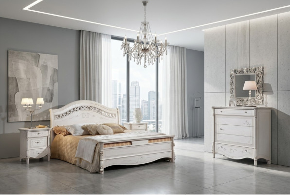 Set de chambre de luxe 4 pièces. Lit + 2x Table de nuit + Commode Design moderne Lits en bois massif