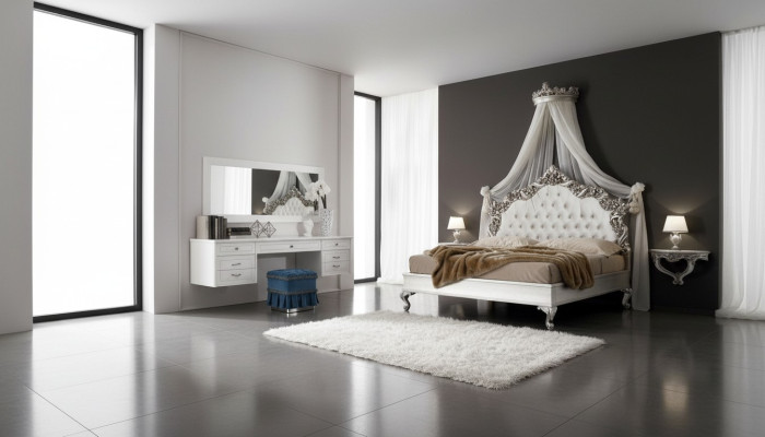 Ensemble complet de chambre à coucher Lit baroque royal Coiffeuse Table de chevet 6 pièces.