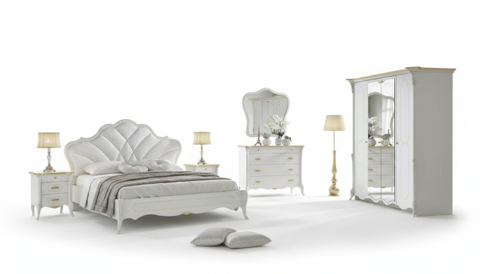 Ensemble de chambre à coucher Lit baroque Table de chevet Commode Meubles de lit 6 pièces. Bois massif