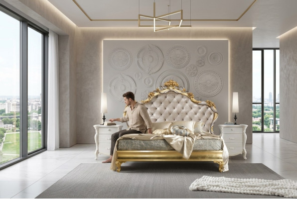 Chambre luxe ensemble 4 pièces. Lit + 2x table de chevet + chaise longue design méridienne