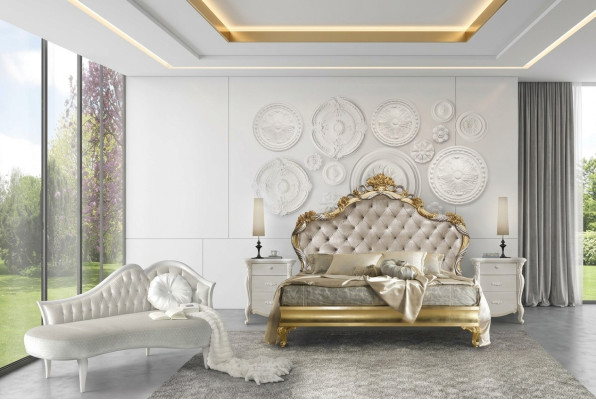 Chambre luxe ensemble 4 pièces. Lit + 2x table de chevet + chaise longue design méridienne