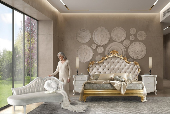 3pcs. Ensemble de chambre à coucher Lit 2x Table de chevet Console Lits Doubles Hôtel Tapisserie