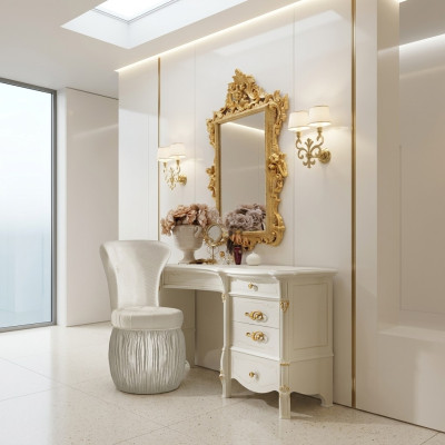 Table de toilette classique avec miroir, console de luxe commode de chambre baroque.