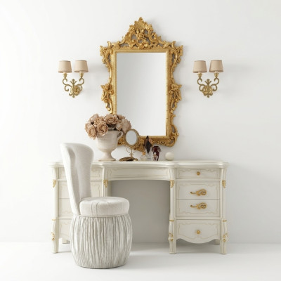 Table de toilette classique avec miroir, console de luxe commode de chambre baroque.
