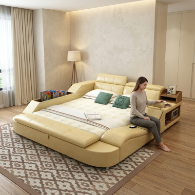 Lit en cuir au design de luxe multifonctionnel Double Étagère Décorative 180x200cm