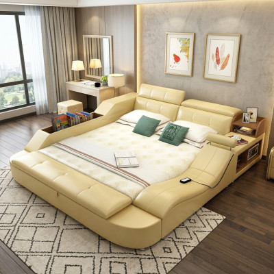Lit en cuir au design de luxe multifonctionnel Double Étagère Décorative 180x200cm