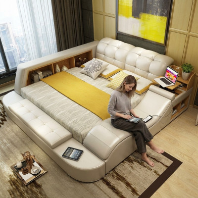 Lit fonctionnel de luxe avec rangement sécurisé pour ordinateur portable, lits doubles de mariage xxl en cuir pour hôtel