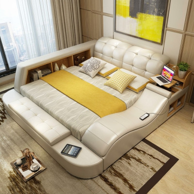 Lit fonctionnel de luxe avec rangement sécurisé pour ordinateur portable, lits doubles de mariage xxl en cuir pour hôtel