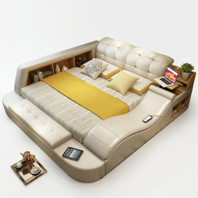 Lit fonctionnel de luxe avec rangement sécurisé pour ordinateur portable, lits doubles de mariage xxl en cuir pour hôtel
