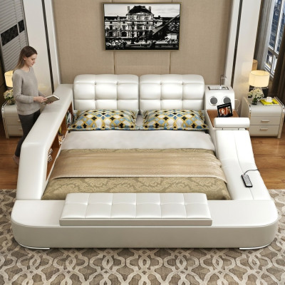 Lit multifonction avec étagère, garde-robe, station de charge USB. Lits doubles en cuir décoratif