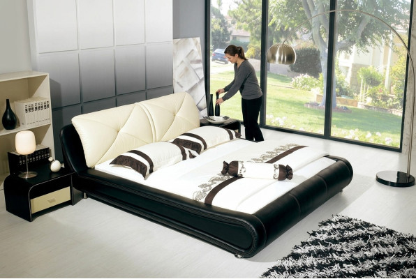 Revêtement de lit en cuir de design de luxe, lits en bois de chambre double d'hôtel.