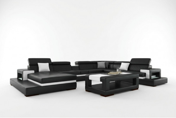 Canapé d'angle noir en cuir pour le salon avec fonction relax et grand format.