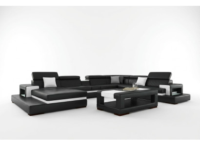 Canapé d'angle noir en cuir pour le salon avec fonction relax et grand format.