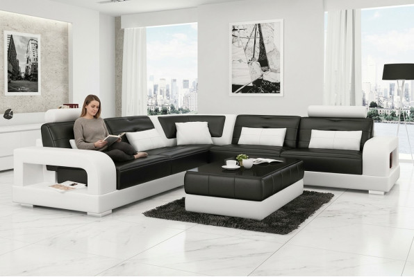 Canapé en cuir Canapé d'angle + Table basse Suite Rembourrage Canapé en L-design