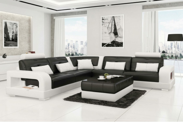 Canapé en cuir Canapé d'angle + Table basse Suite Rembourrage Canapé en L-design