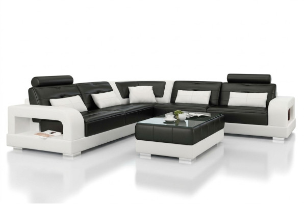 Canapé en cuir Canapé d'angle + Table basse Suite Rembourrage Canapé en L-design