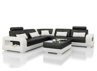 Canapé en cuir Canapé d'angle + Table basse Suite Rembourrage Canapé en L-design