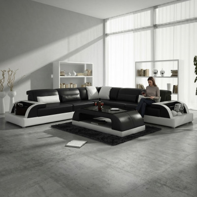 Canapé d'angle en forme de L + Table basse Canapé Design Gris Revêtement Cuir