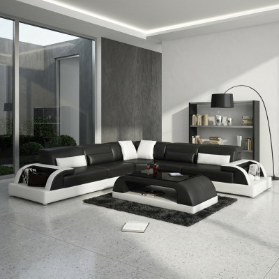 Canapé d'angle en forme de L + Table basse Canapé Design Gris Revêtement Cuir