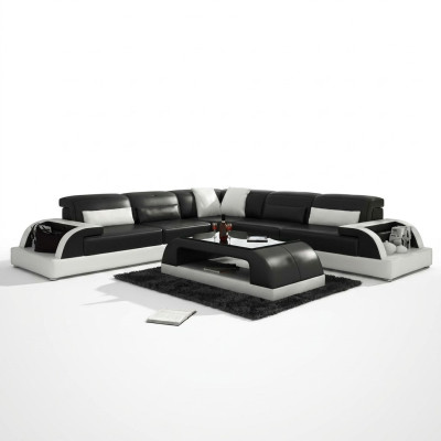 Canapé d'angle en forme de L + Table basse Canapé Design Gris Revêtement Cuir