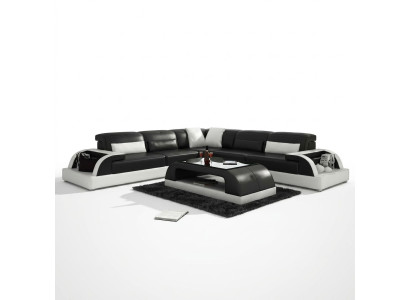 Canapé d'angle en forme de L + Table basse Canapé Design Gris Revêtement Cuir