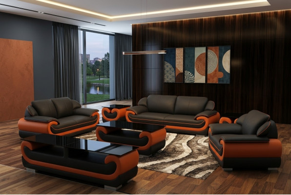 Canapé en cuir Canapé Salon paysage vivant 3+1+1 Canapé Suite Design Moderne