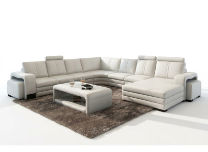 Canapé d'angle en forme de U + 2 tabourets + table basse Design Gray Upholstery cuir