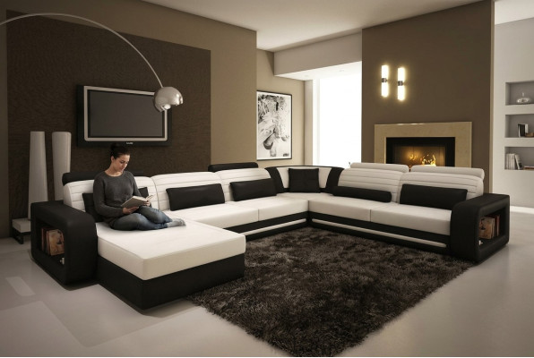 Canapé d'angle en U Rembourrage Canapé Canapé Suite Salon Paysage en cuir Design