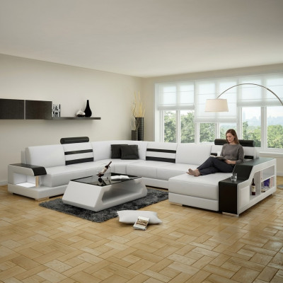 Canapé d'angle paysager vivant en U - Suite de canapé en cuir avec étagère en cuir