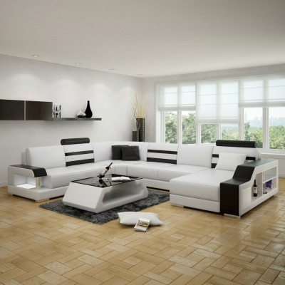 Canapé d'angle paysager vivant en U - Suite de canapé en cuir avec étagère en cuir