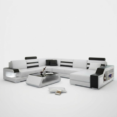 Canapé d'angle paysager vivant en U - Suite de canapé en cuir avec étagère en cuir
