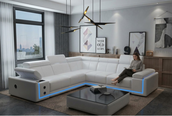 Canapé d'angle en cuir éclairé L-forme avec boîtes de son et LED moderne