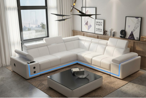 Canapé d'angle en cuir éclairé L-forme avec boîtes de son et LED moderne