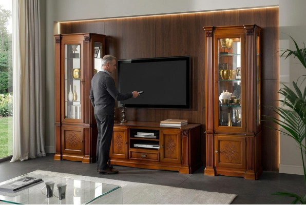 Salle de séjour classique Vitrine Buffet Meuble TV Étagère Murs Armoire 3 pièces. Bois massif