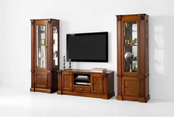 Salle de séjour classique Vitrine Buffet Meuble TV Étagère Murs Armoire 3 pièces. Bois massif