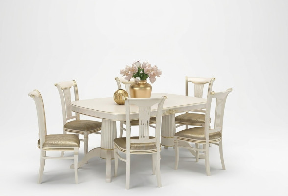 Table de salle à manger Suite Table + 6x chaises Chaise Salle à manger Suite Bois massif Textile 7 pièces.