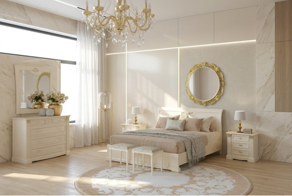 Lit Table de chevet Commode 7 pièces. Ensemble de chambre Design Chambre de luxe Bois massif