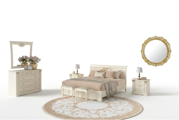Lit Table de chevet Commode 7 pièces. Ensemble de chambre Design Chambre de luxe Bois massif