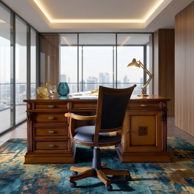 Ensemble de bureau de luxe Washington en trois pièces avec des meubles italiens. Bois massif de style baroque rococo.