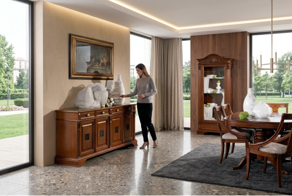 Commode luxueuse avec 4 portes et 4 tiroirs de couleur marron.