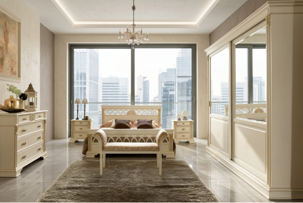 Ensemble de chambre à coucher Design Lit de luxe moderne + 2 tables de chevet en bois massif