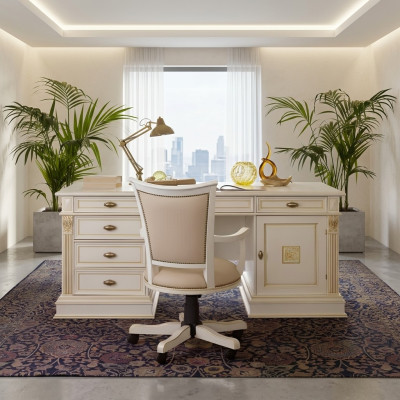 Ensemble de bureau Bureau Fauteuil Exécutif Bureau complet Baroque Rococo 2 pièces. Ensemble en bois massif