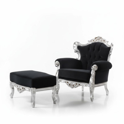 Fauteuil + Tabouret Rembourrage Fauteuil Design Luxe Bois massif Classique Baroque Rococo Suite.