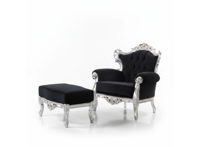 Fauteuil + Tabouret Rembourrage Fauteuil Design Luxe Bois massif Classique Baroque Rococo Suite.