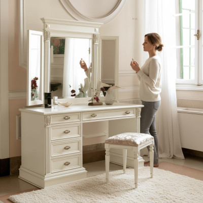 Coiffeuse Miroir Tabouret Ensemble Complet Commode Chambre Nouveau 3 pcs.
