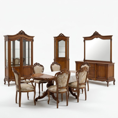 Mobilier baroque italien pour salle à manger 11 pièces. Ensemble table chaises commode Bois massif