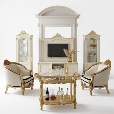 Mur classique Mur de salon Vitrine Buffet Meuble TV Étagère Murs Armoire 3 pièces. Bois massif