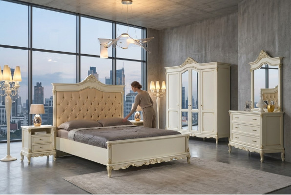 Ensemble de 5 pièces de mobilier de style baroque italien pour chambre à coucher : lit, buffet, tables de chevet.